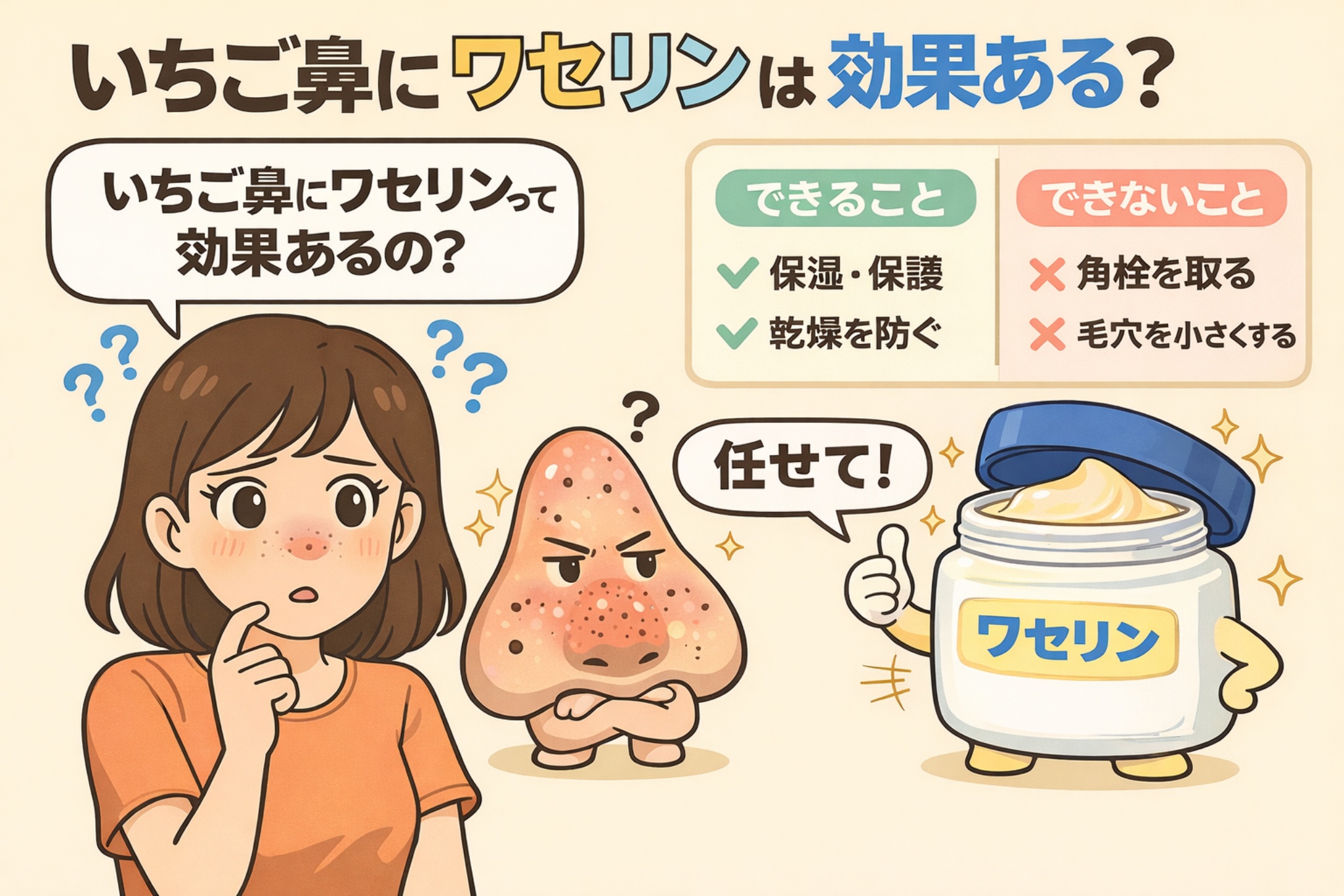 いちご鼻にワセリンは効果があるのかを解説する図解イラスト。黒ずみ毛穴に悩む女性と、擬人化された鼻・ワセリンのキャラクターが描かれ、「できること（保湿・保護、乾燥防止）」と「できないこと（角栓を取る、毛穴を小さくする）」を対比して説明している。