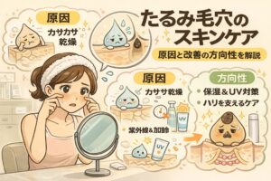 たるみ毛穴のスキンケアについて、原因と改善の方向性を解説するイラスト。鏡を見ながら頬の毛穴のたるみを気にする女性が描かれ、周囲には「乾燥」「紫外線」「加齢」といった原因を示すイラストが配置されている。右側には保湿やUV対策、ハリを支えるケアによって毛穴状態が整う様子が図解され、たるみ毛穴の仕組みと対策を視覚的に理解できる構成になっている。