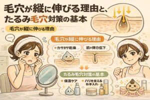 毛穴が縦に伸びる理由と、たるみ毛穴対策の基本を解説するイラスト。左側では鏡を見ながら頬の毛穴を気にする女性が描かれ、中央には「乾燥」「肌の弾力低下」によって毛穴が縦長に変形する断面図が示されている。右側では、保湿ケアやハリを支えるスキンケアによって毛穴の形が整い、前向きな表情の女性が描かれている。たるみ毛穴が進行する仕組みと、日常ケアで意識すべき基本ポイントを視覚的に説明する構成。