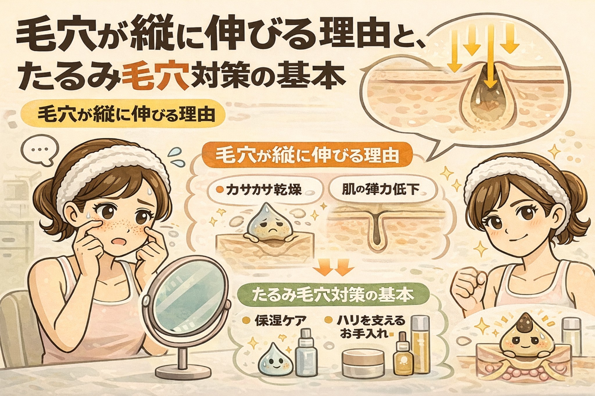 毛穴が縦に伸びる理由と、たるみ毛穴対策の基本を解説するイラスト。左側では鏡を見ながら頬の毛穴を気にする女性が描かれ、中央には「乾燥」「肌の弾力低下」によって毛穴が縦長に変形する断面図が示されている。右側では、保湿ケアやハリを支えるスキンケアによって毛穴の形が整い、前向きな表情の女性が描かれている。たるみ毛穴が進行する仕組みと、日常ケアで意識すべき基本ポイントを視覚的に説明する構成。