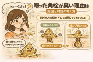 角栓を取ったときに臭いが出る理由を解説するイラスト。鼻をつまんで驚く女性と、酸化した皮脂と古い角質が混ざってドロドロになった角栓の擬人化キャラクターが描かれており、「皮脂のかたまり」「古い角栓の放置」「酸化してドロドロ」といった要因が図解されている。