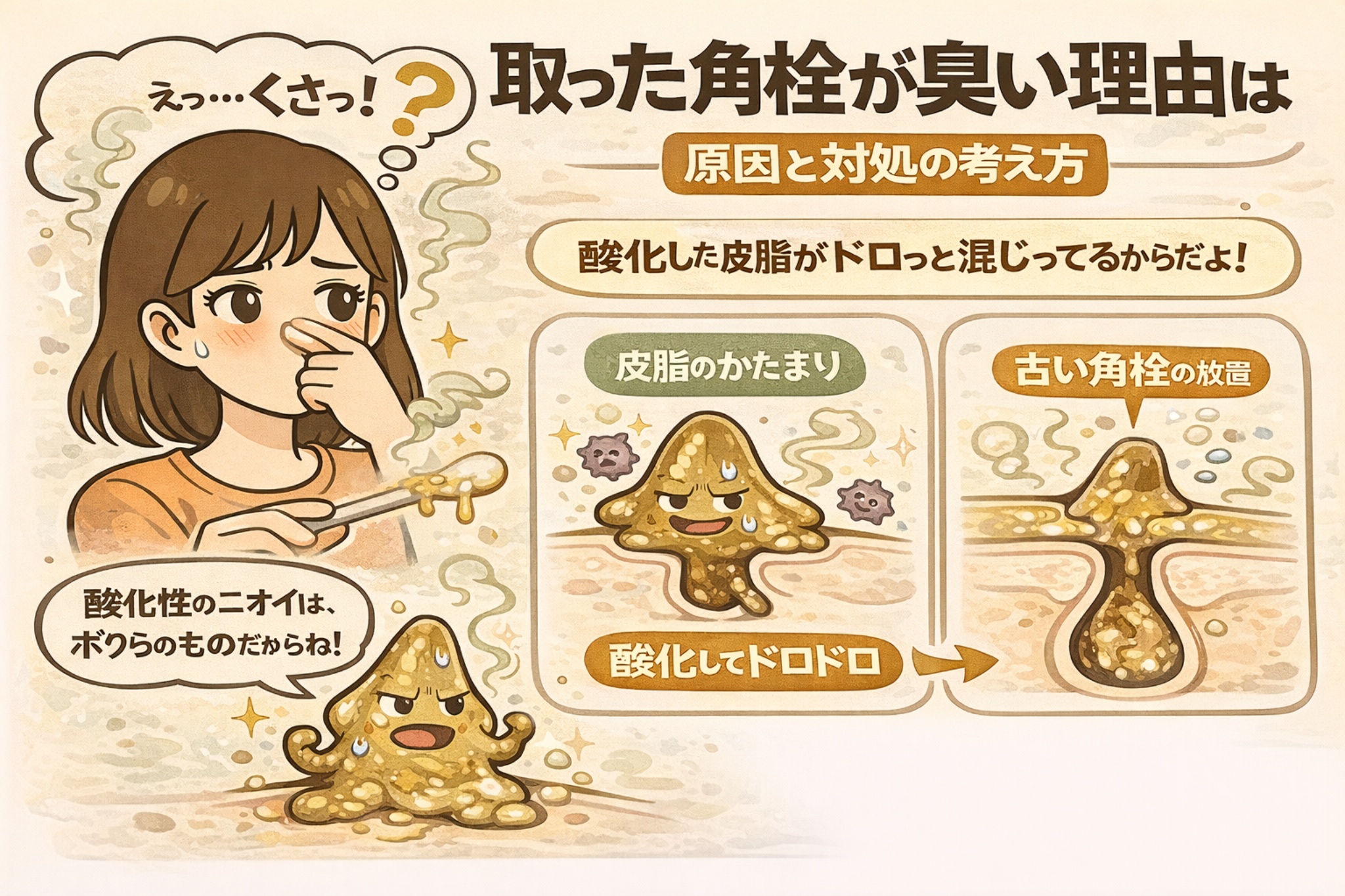 角栓を取ったときに臭いが出る理由を解説するイラスト。鼻をつまんで驚く女性と、酸化した皮脂と古い角質が混ざってドロドロになった角栓の擬人化キャラクターが描かれており、「皮脂のかたまり」「古い角栓の放置」「酸化してドロドロ」といった要因が図解されている。