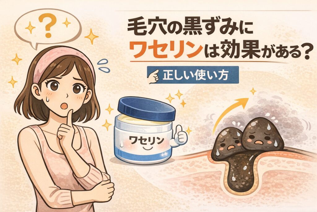 毛穴の黒ずみにワセリンは効果があるのかを解説する図解イラスト。左側で悩む女性、中央にワセリンの容器、右側に毛穴断面と角栓のイメージが描かれ、「正しい使い方」をテーマにワセリンの役割と注意点を分かりやすく示している。