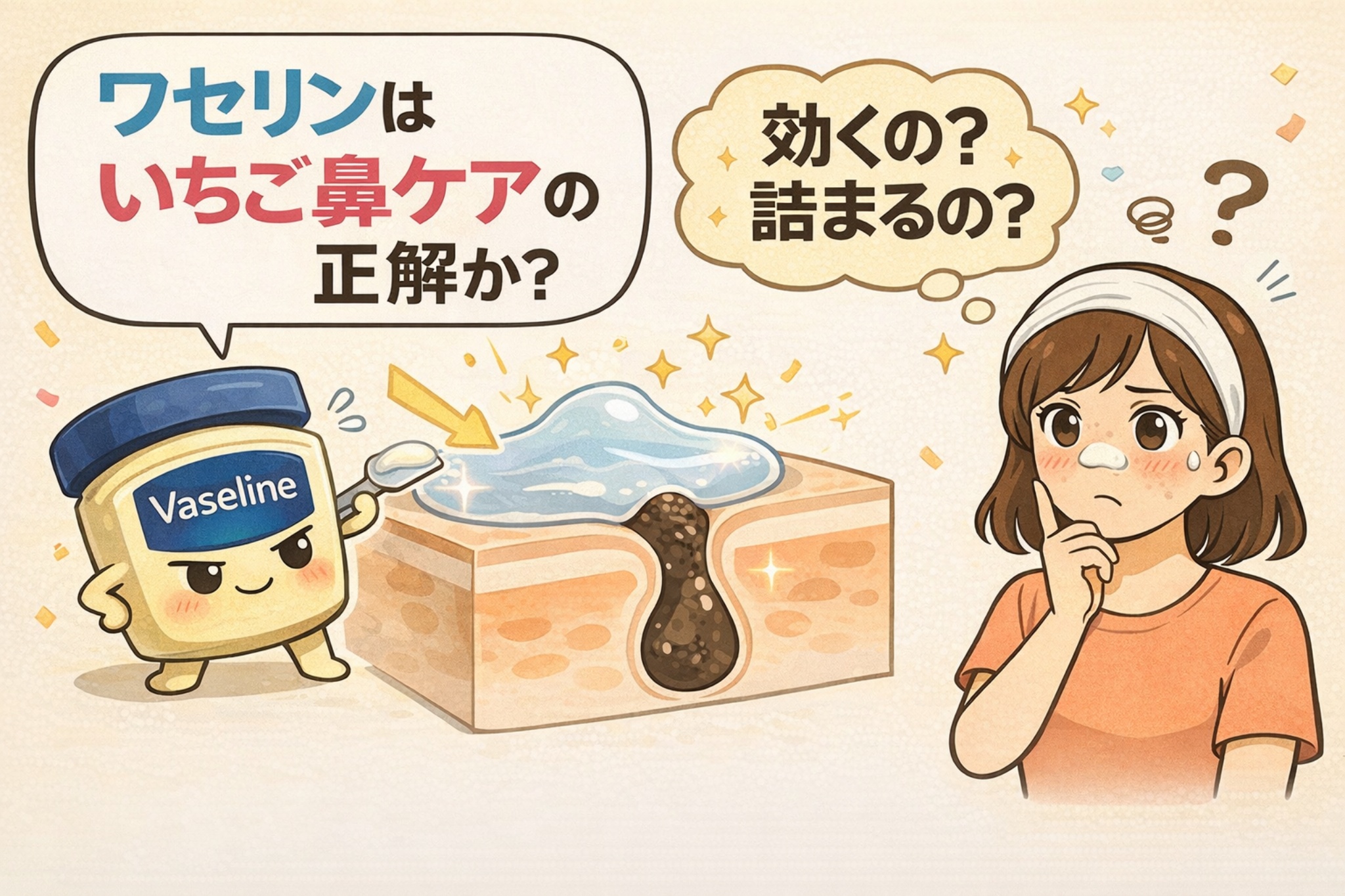 ワセリンはいちご鼻ケアの正解なのかを解説するイラスト。擬人化されたワセリンの容器が、角栓が詰まった毛穴断面の上にワセリンを塗る様子を示している。一方で、鼻にワセリンを塗った女性が「効くの？詰まるの？」と不安そうに考えており、ワセリン使用の効果とリスクを問いかける構図になっている。