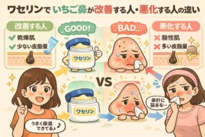 ワセリンでいちご鼻が改善する人と悪化する人の違いを比較した図解イラスト。左側は乾燥肌・皮脂量が少なくワセリンで保湿がうまくいくケース、右側は脂性肌・皮脂量が多くワセリンで毛穴詰まりが悪化するケースを対比して描写。ワセリン使用の向き不向きを分かりやすく示している。
