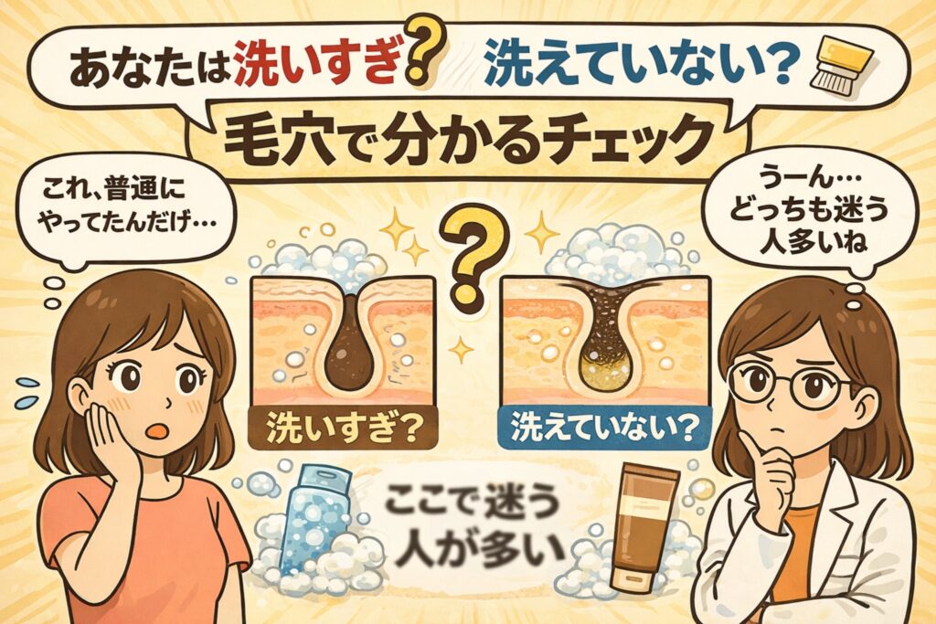 「あなたは洗いすぎ？洗えていない？」という問いかけで毛穴の状態をチェックする日本2Dフラット漫画風アイキャッチ。中央に「毛穴で分かるチェック」と書かれ、左右に毛穴の断面図イラストがあり、左は「洗いすぎ？」右は「洗えていない？」と表示。左側には困惑する女性、右側には白衣と眼鏡の女性が考え込む様子。下部に「ここで迷う人が多い」と書かれた淡いベージュ背景の図解イラスト。