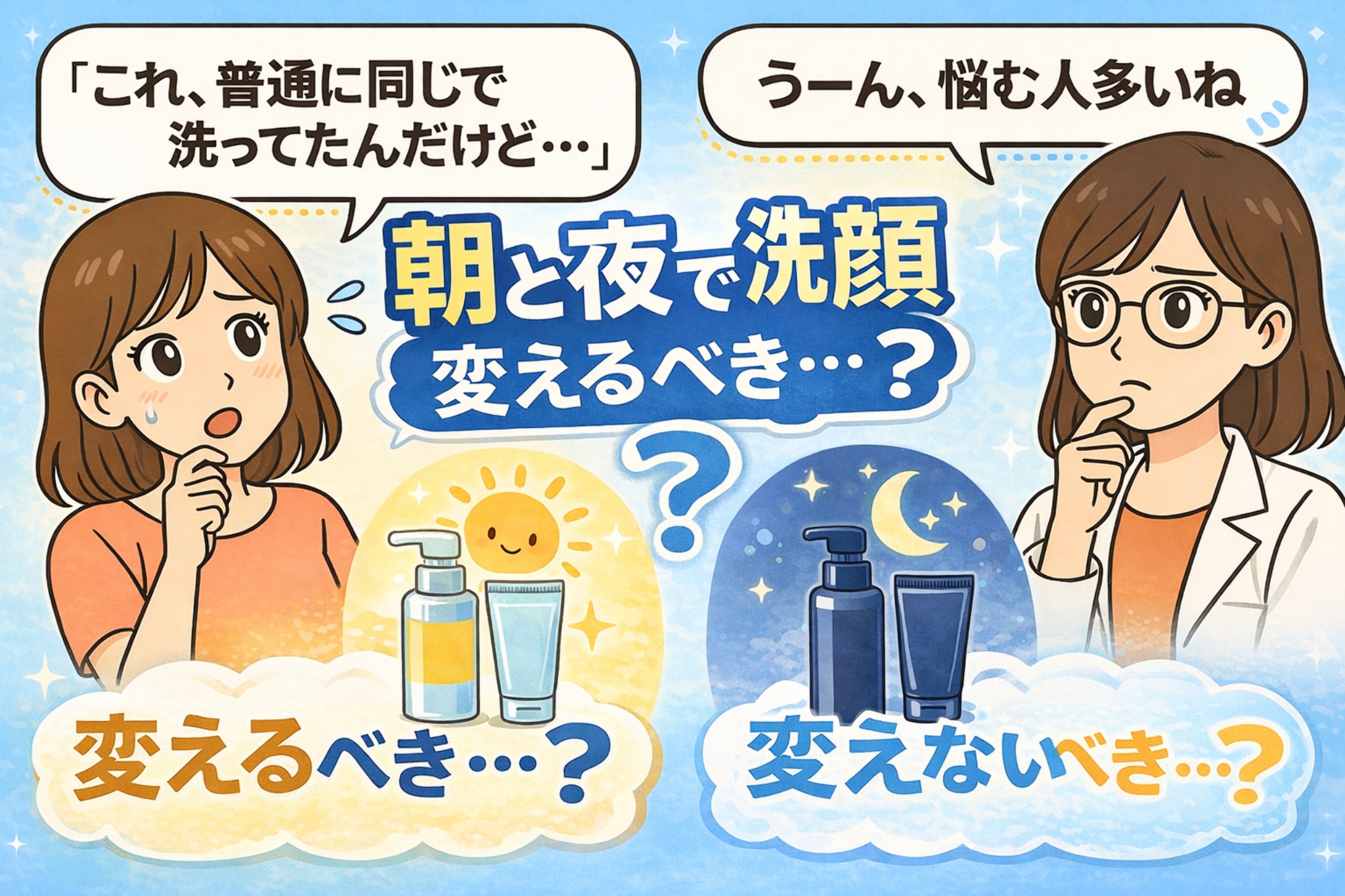 朝と夜で洗顔を変えるべきかどうかをテーマにした日本2Dフラット漫画風アイキャッチ。中央に「朝と夜で洗顔変えるべき…？」という大きな文字。左側には困惑する女性と太陽・朝用スキンケアボトルのイラスト、右側には白衣と眼鏡の女性と月・夜用スキンケアボトルのイラストが描かれている。下部に「変えるべき…？」「変えないべき…？」という対比メッセージが配置された淡いブルー背景の図解イラスト。