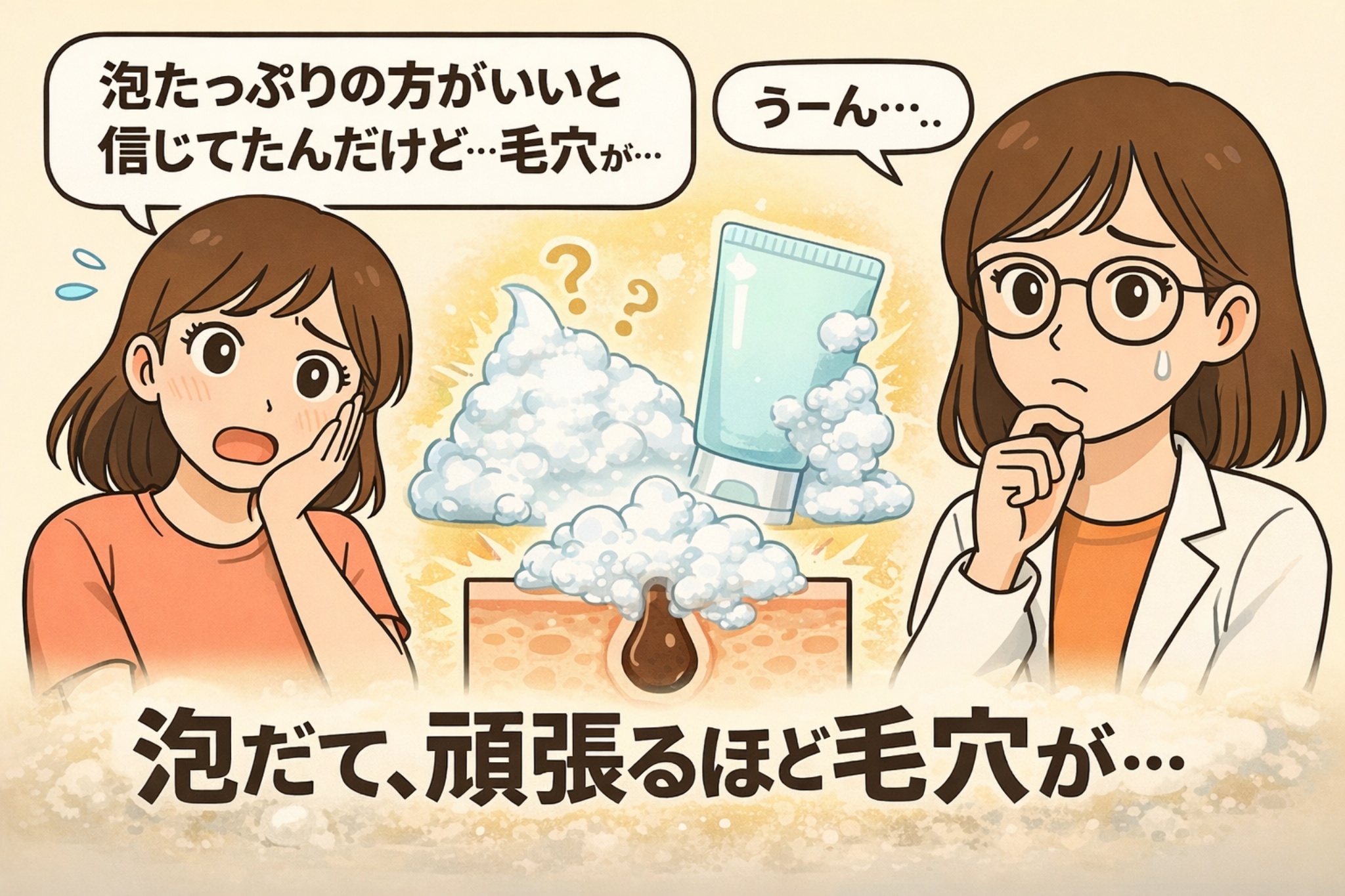 泡立てを頑張るほど毛穴が気になる現象をテーマにした日本2Dフラット漫画風アイキャッチ。左側で「泡たっぷりの方がいいと信じてたんだけど…毛穴が…」と困惑する女性。中央には大量の泡と洗顔チューブ、泡の下に角栓が詰まった毛穴の断面図。右側には白衣と眼鏡の女性が考え込む表情で「うーん…」とつぶやいている。下部に「泡だて、頑張るほど毛穴が…」という大きな文字が配置された淡いベージュ背景のイラスト。