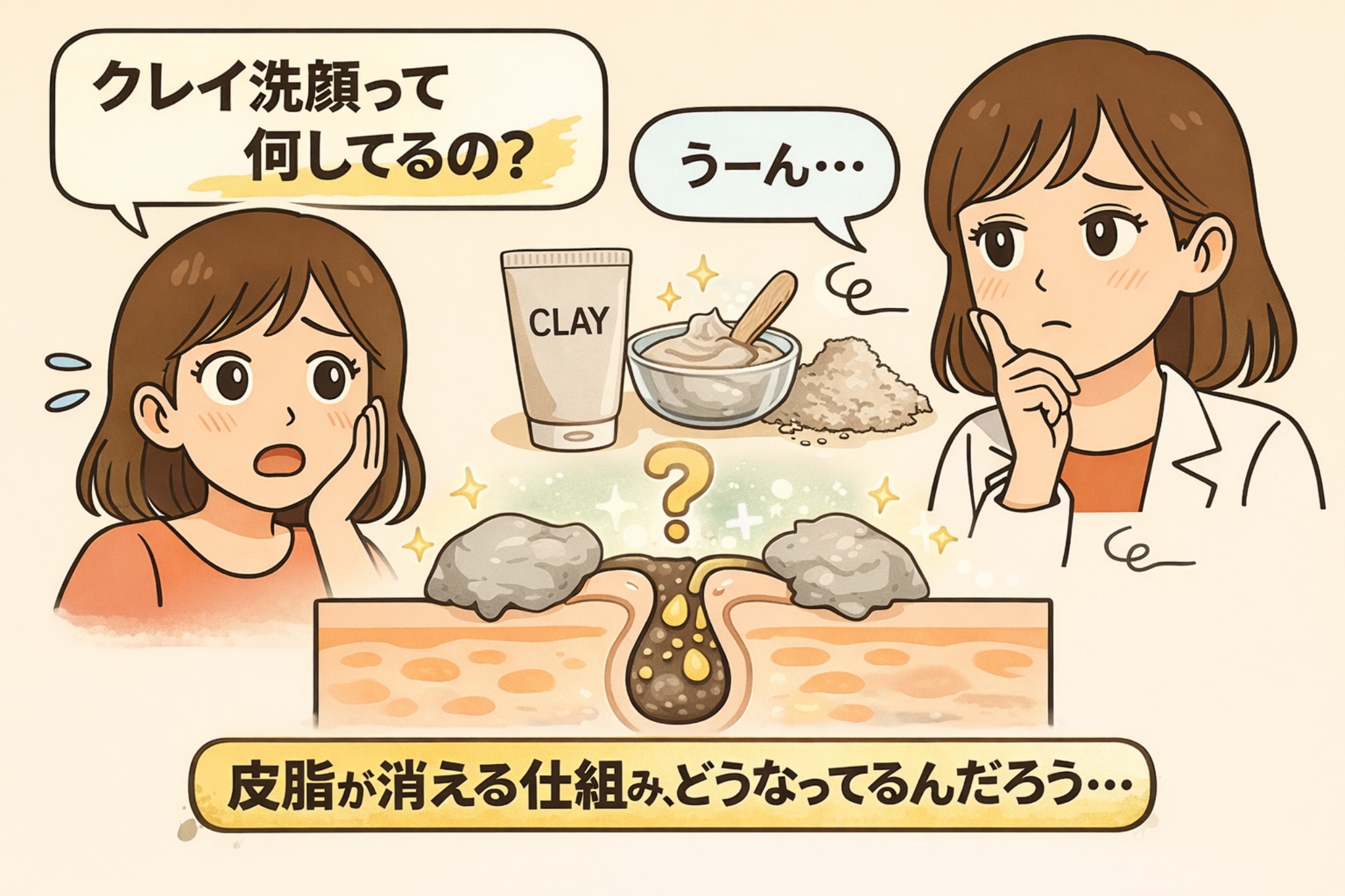 「クレイ洗顔って何してるの？」と疑問を持つ女性2人と、クレイチューブや粉末、毛穴断面図を描いた日本2D漫画風イラスト。クレイが皮脂を吸着する仕組みをイメージで示し、「皮脂が消える仕組みは？」というテーマを表現している構図。