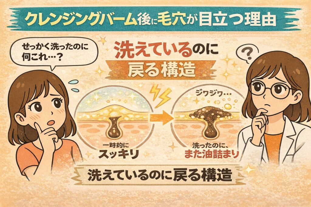 クレンジングバーム後に毛穴が目立つ理由を解説する日本2Dフラット漫画風アイキャッチ。上部に「クレンジングバーム後に毛穴が目立つ理由」とあり、中央に毛穴の断面図が2段階で描かれている。左は一時的にスッキリした状態、右は洗ったのに再び油詰まりしている状態を示す。左右には困惑する女性と白衣・眼鏡の女性が配置され、「洗えているのに戻る構造」というメッセージが強調された淡いベージュ背景の図解イラスト。