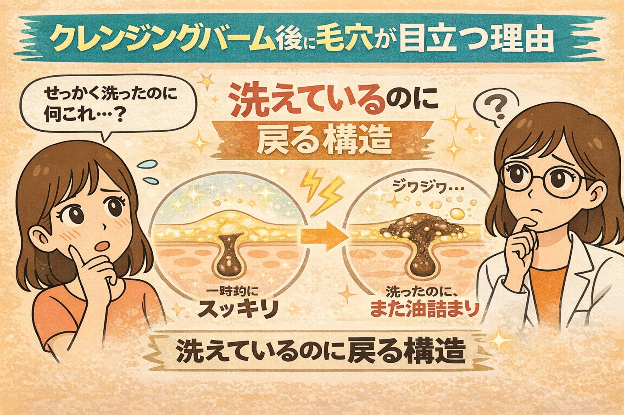 クレンジングバーム後に毛穴が目立つ理由を解説する日本2Dフラット漫画風アイキャッチ。上部に「クレンジングバーム後に毛穴が目立つ理由」とあり、中央に毛穴の断面図が2段階で描かれている。左は一時的にスッキリした状態、右は洗ったのに再び油詰まりしている状態を示す。左右には困惑する女性と白衣・眼鏡の女性が配置され、「洗えているのに戻る構造」というメッセージが強調された淡いベージュ背景の図解イラスト。