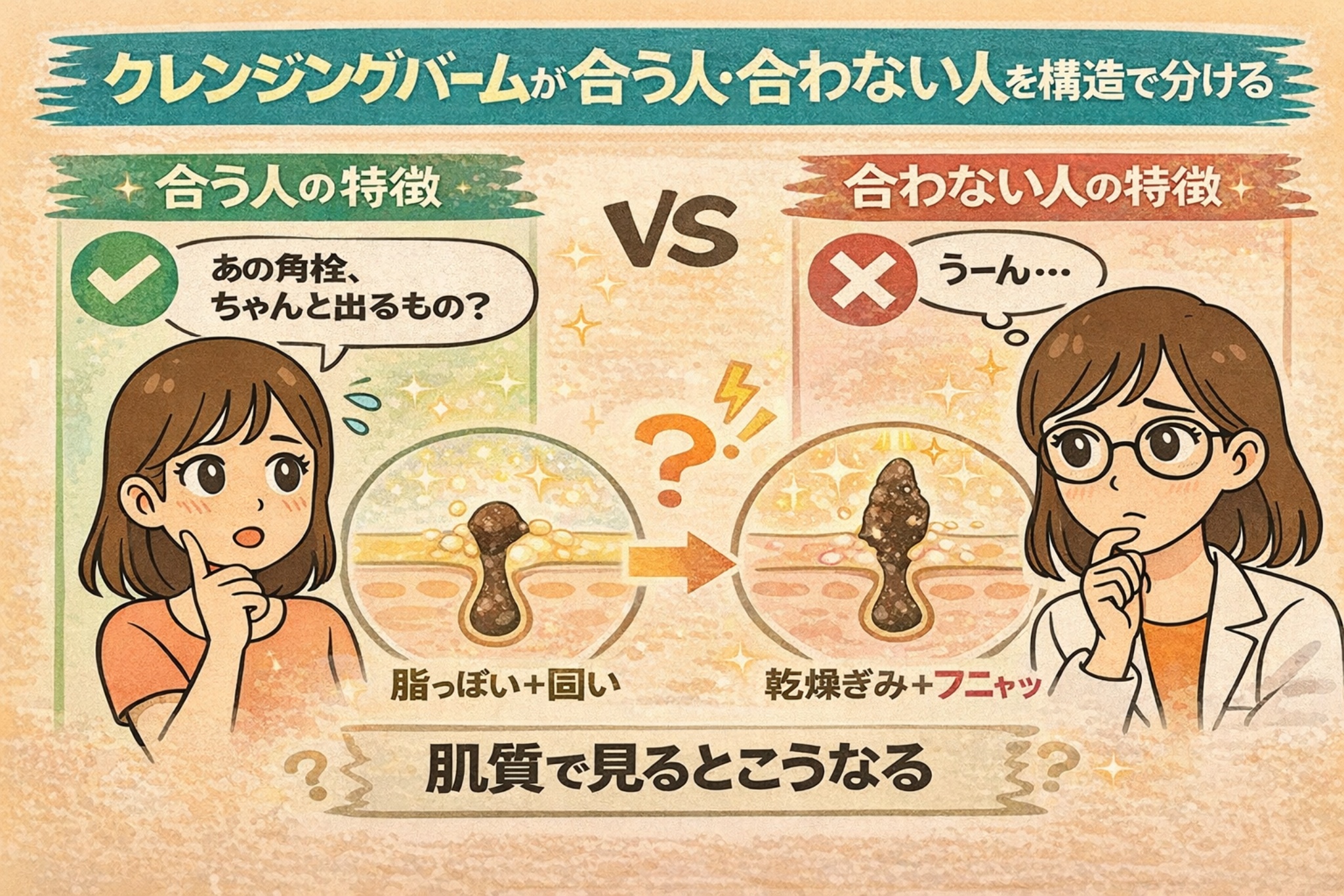 クレンジングバームが合う人・合わない人を構造で比較する日本2Dフラット漫画風アイキャッチ。左側は「合う人の特徴」として脂っぽくて固い角栓タイプの毛穴断面図、右側は「合わない人の特徴」として乾燥ぎみで柔らかい角栓タイプの毛穴断面図が描かれている。中央に矢印とクエスチョンマークがあり、左右に困惑する女性と白衣・眼鏡の女性が配置された淡いベージュ背景の図解イラスト。
