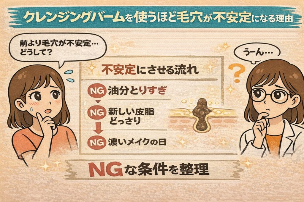 クレンジングバームを使うほど毛穴が不安定になる理由を解説する日本2Dフラット漫画風アイキャッチ。上部に「クレンジングバームを使うほど毛穴が不安定になる理由」と表示。中央に「不安定にさせる流れ」として、油分のとりすぎ・新しい皮脂がどっさり出る・濃いメイクの日などのNG条件が示されている。左右に困惑する女性と白衣・眼鏡の女性が配置された淡いベージュ背景の図解イラスト。