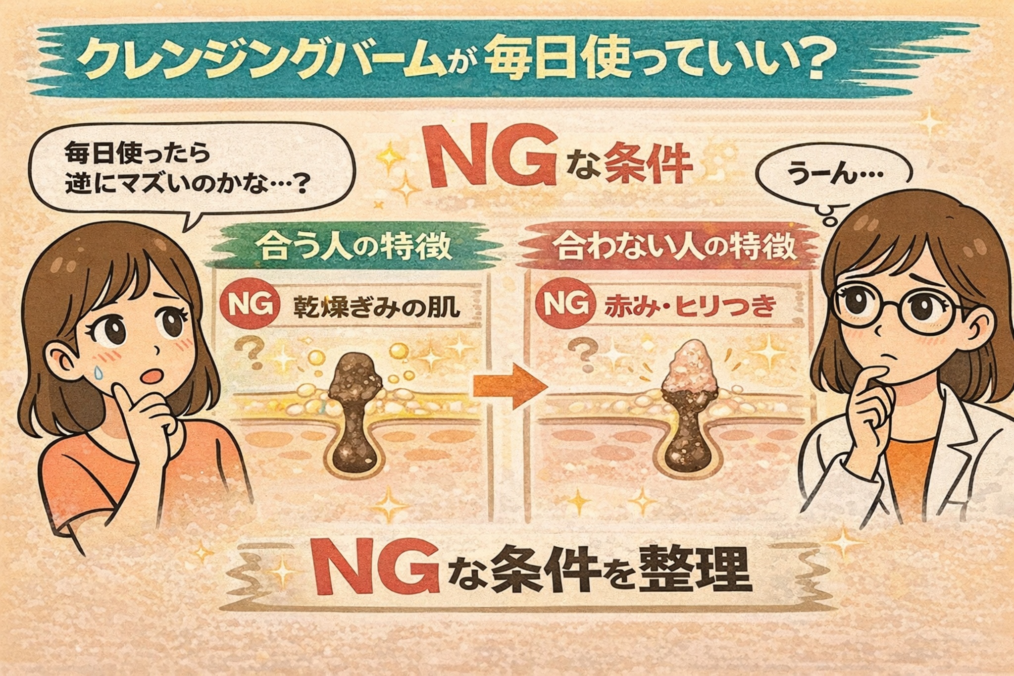 クレンジングバームを毎日使ってよいかをテーマに、NG条件を整理した日本2Dフラット漫画風アイキャッチ。上部に「クレンジングバームが毎日使っていい？」とあり、中央に「NGな条件」と表示。乾燥ぎみの肌や赤み・ヒリつきがある場合はNGと示された毛穴断面図が描かれている。左右に困惑する女性と白衣・眼鏡の女性が配置された淡いベージュ背景の図解イラスト。
