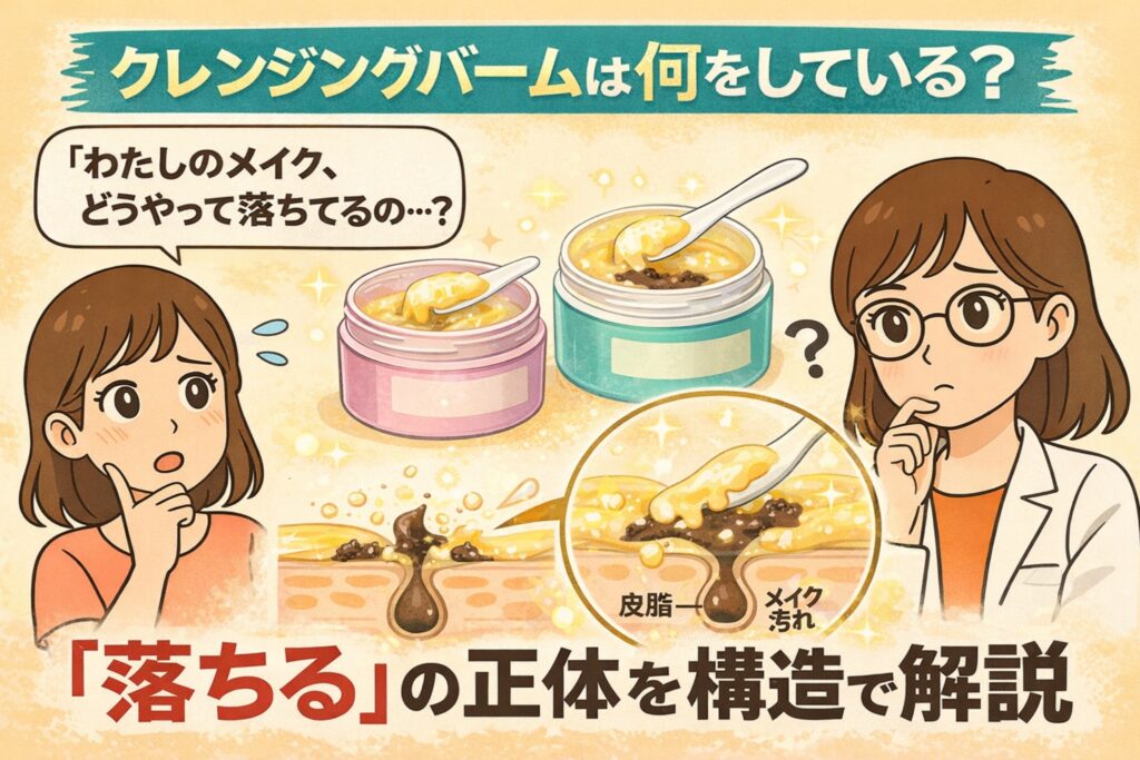 クレンジングバームがどのようにメイクを落としているかを構造で解説する日本2Dフラット漫画風アイキャッチ。上部に「クレンジングバームは何をしている？」とあり、中央にバーム容器とスプーンのイラスト。下部には皮脂やメイク汚れが毛穴に付着している断面図と、それをバームが溶かしている様子が描かれている。左右には疑問を抱く女性と白衣・眼鏡の女性が配置された淡いベージュ背景の図解イラスト。