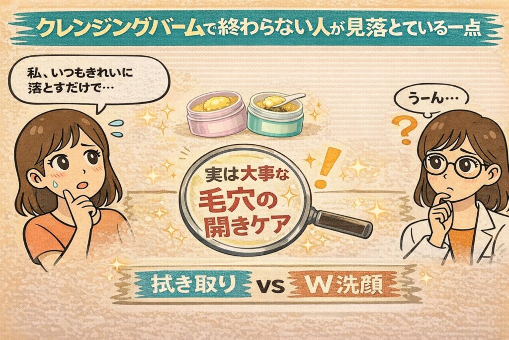 クレンジングバームで終わらない人が見落としている点を解説する日本2Dフラット漫画風アイキャッチ。上部に「クレンジングバームで終わらない人が見落としている一点」と表示。中央に虫眼鏡で強調された「実は大事な毛穴の開きケア」という文字。左右に疑問を抱く女性と白衣・眼鏡の女性が配置され、下部に「拭き取り VS W洗顔」と対比が示された淡いベージュ背景の図解イラスト。