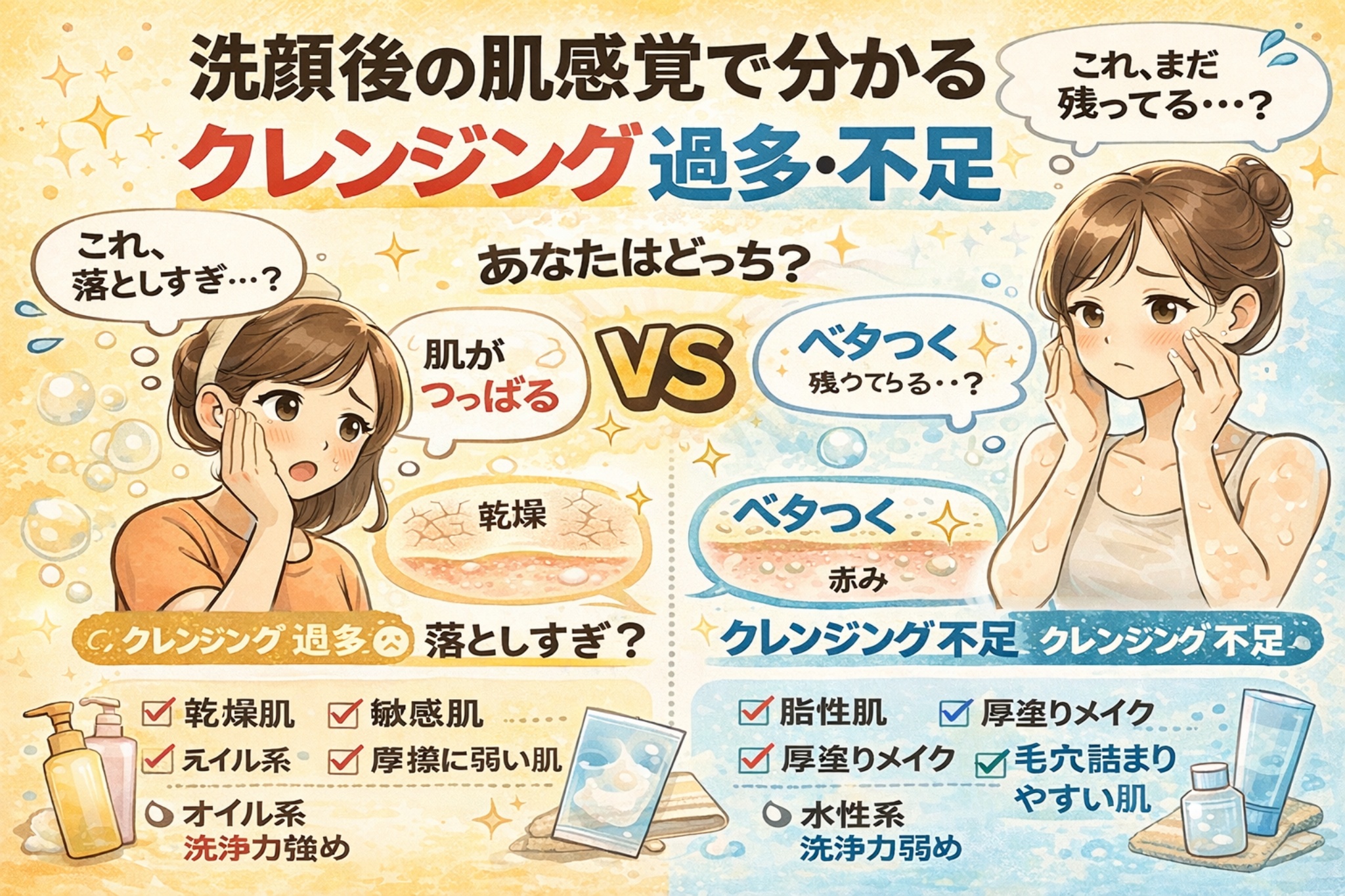 洗顔後の肌感覚でクレンジングの過多・不足を判断する日本2Dフラット漫画風インフォグラフィック。上部に「洗顔後の肌感覚で分かる クレンジング過多・不足」とあり、中央に「肌がつっぱる（乾燥）」と「ベタつく（赤み）」の対比が描かれている。左側はクレンジング過多タイプとして乾燥肌・敏感肌・オイル系などの項目、右側はクレンジング不足タイプとして脂性肌・厚塗りメイク・毛穴詰まりやすい肌などの項目がチェック付きで表示されている淡いベージュ調の図解イラスト。