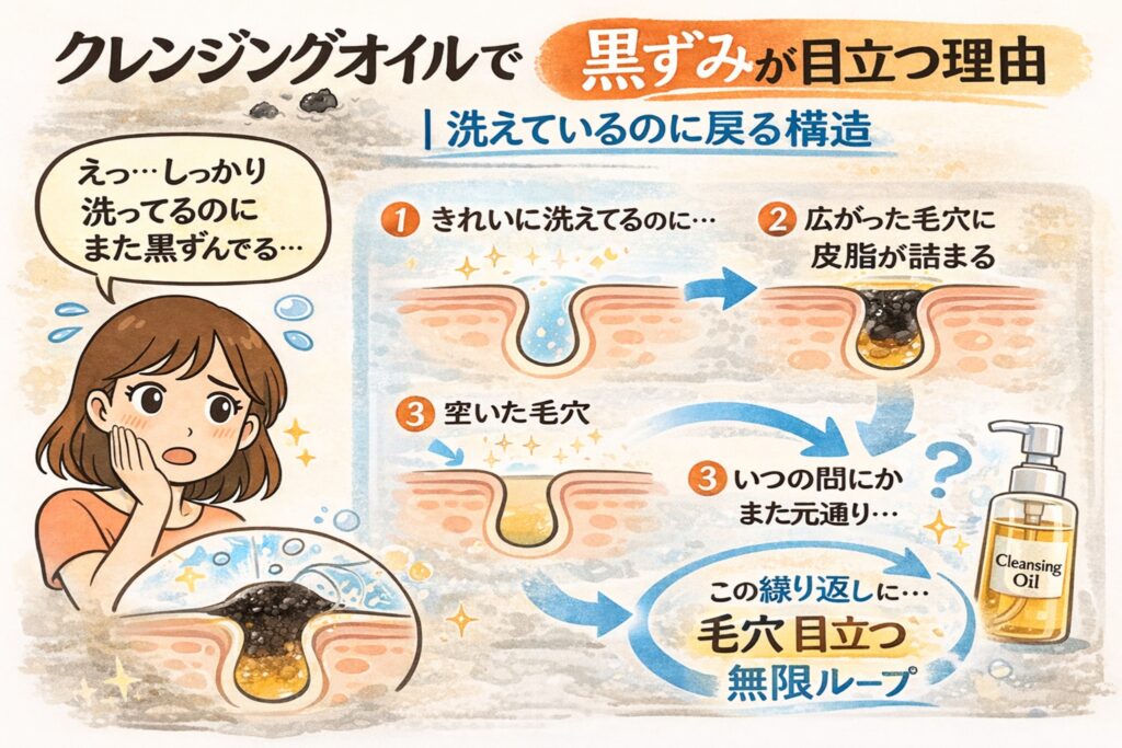 クレンジングオイルで黒ずみが目立つ理由を解説する日本2D漫画風の図解イラスト。洗えているのに広がった毛穴に皮脂が再び詰まり、黒ずみが戻る「無限ループ」の構造を毛穴断面図と矢印で説明。困った表情の女性とクレンジングオイルボトルが描かれている。