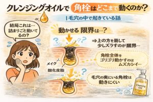 クレンジングオイルで角栓はどこまで動くのかを解説する日本2D漫画風の図解イラスト。毛穴断面図で、上部のメイクや酸化皮脂は動かせても、奥にある角栓全体は動きにくいことを矢印と説明文で示している。驚いた表情の女性とクレンジングオイルボトルが描かれている。