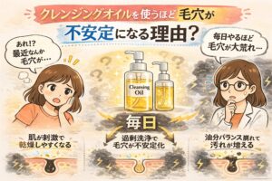 クレンジングオイルを毎日使うと毛穴が不安定になる理由を解説する日本2D漫画風イラスト。過剰洗浄による乾燥や油分バランスの乱れで毛穴が不安定化し、汚れが増える流れを毛穴断面図と矢印で説明。困惑する女性とクレンジングオイルボトルが描かれている。