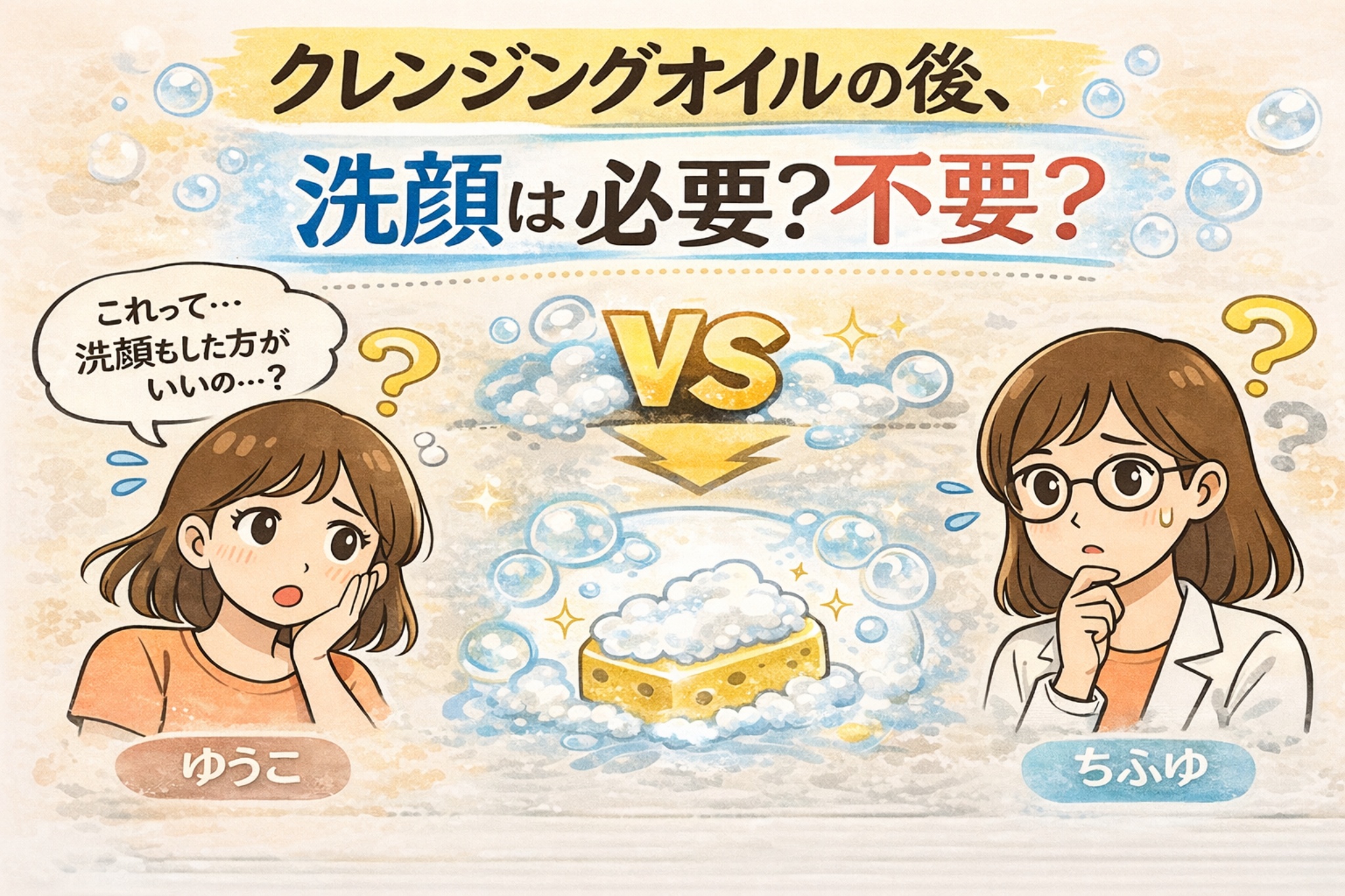 クレンジングオイルの後に洗顔は必要か不要かをテーマにした日本2D漫画風イラスト。中央に泡立つスポンジと「VS」マーク、左右に迷う表情の女性キャラクター（ゆうこ・ちふゆ）が描かれ、ダブル洗顔の必要性について比較する構図になっている。