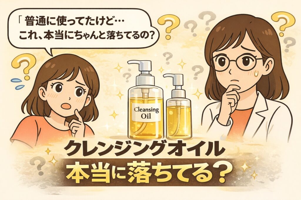 クレンジングオイルが本当にメイクを落とせているのかをテーマにした日本2Dフラット漫画風アイキャッチ。中央に「Cleansing Oil」と書かれたボトルが2本並び、左右には疑問を抱く女性と白衣・眼鏡の女性が配置されている。上部に「普通に使ってたけど…これ、本当にちゃんと落ちてるの？」、下部に「クレンジングオイル 本当に落ちてる？」という大きな文字が表示された淡いベージュ背景のイラスト。