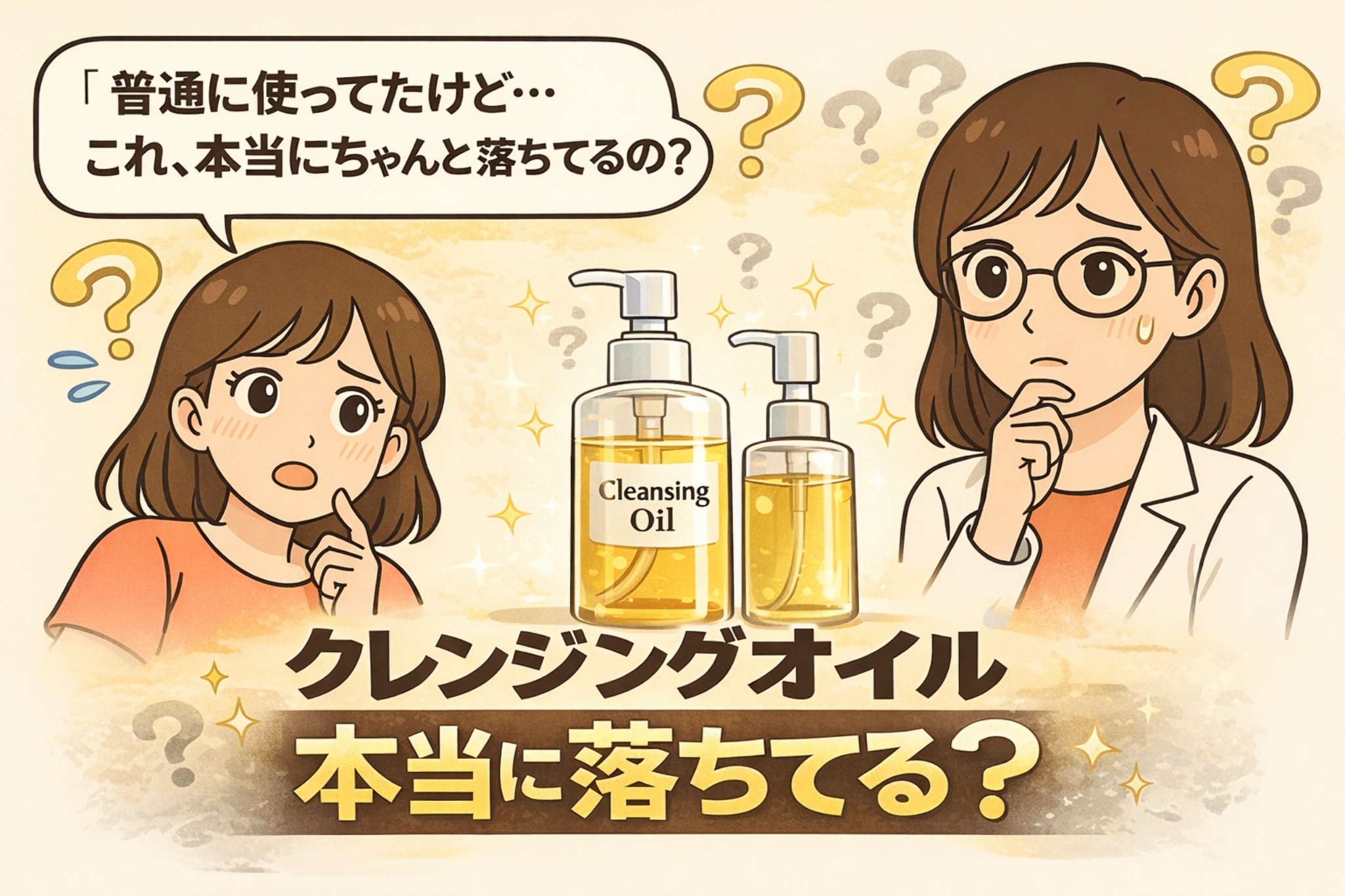 クレンジングオイルが本当にメイクを落とせているのかをテーマにした日本2Dフラット漫画風アイキャッチ。中央に「Cleansing Oil」と書かれたボトルが2本並び、左右には疑問を抱く女性と白衣・眼鏡の女性が配置されている。上部に「普通に使ってたけど…これ、本当にちゃんと落ちてるの？」、下部に「クレンジングオイル 本当に落ちてる？」という大きな文字が表示された淡いベージュ背景のイラスト。