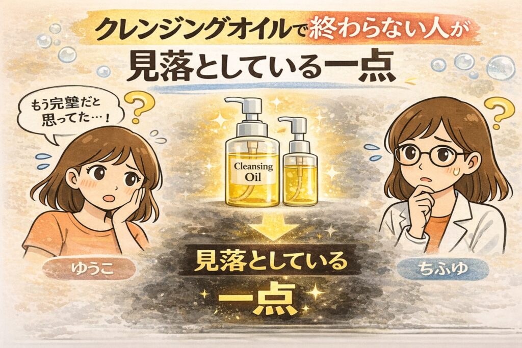 クレンジングオイルで終わらない人が見落としている一点をテーマにした日本2D漫画風イラスト。中央にクレンジングオイルのボトルと矢印、左右に疑問を抱く女性キャラクター（ゆうこ・ちふゆ）が描かれ、「見落としている一点」という強調テキストが配置された構図。