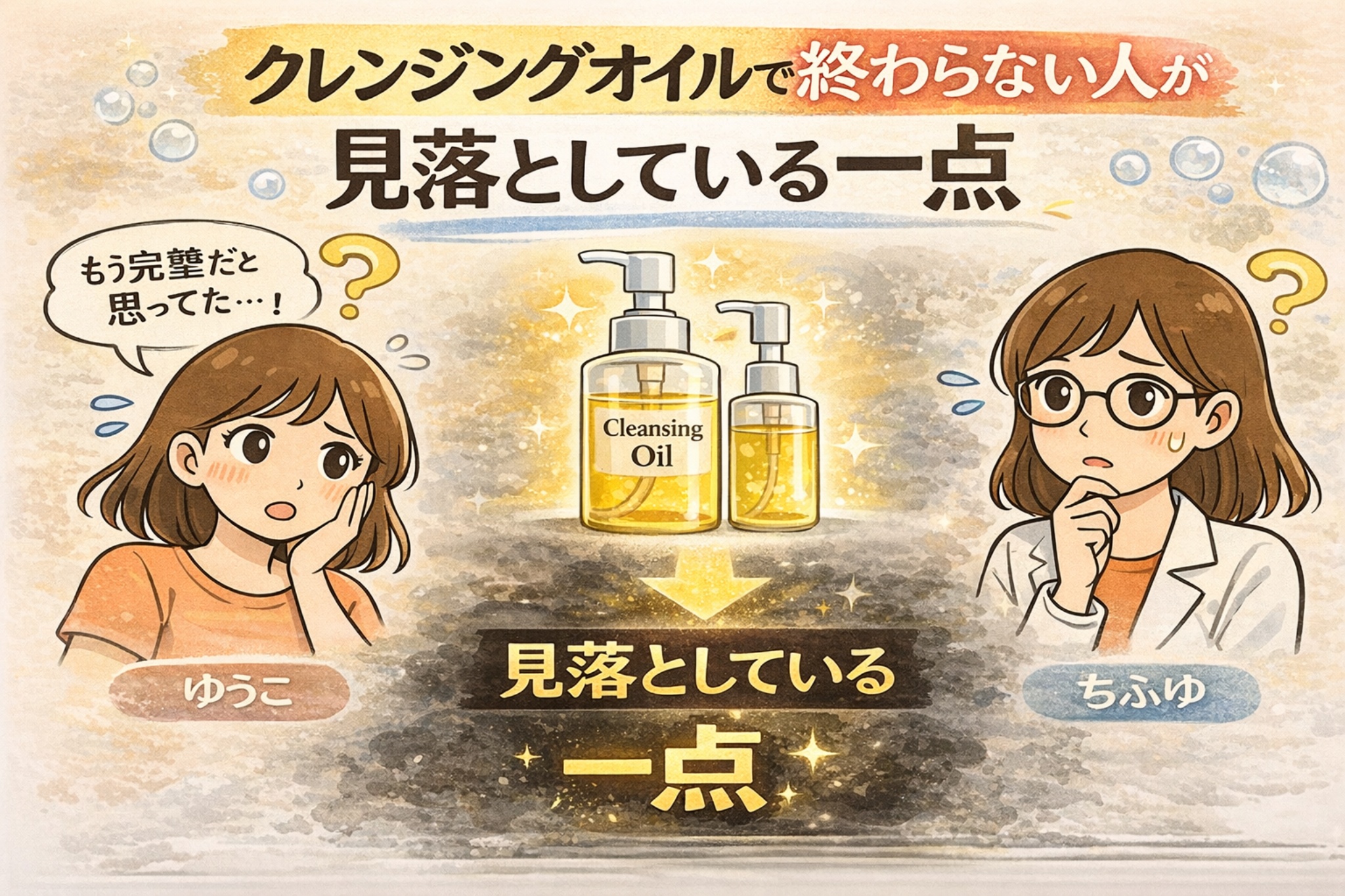 クレンジングオイルで終わらない人が見落としている一点をテーマにした日本2D漫画風イラスト。中央にクレンジングオイルのボトルと矢印、左右に疑問を抱く女性キャラクター（ゆうこ・ちふゆ）が描かれ、「見落としている一点」という強調テキストが配置された構図。