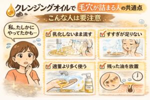 クレンジングオイルで毛穴が詰まる人の共通点を解説する日本2D漫画風イラスト。乳化しないまま流す、すすぎ不足、適量より多く使う、残った油を放置するなどのNG行動をチェック付きで図解し、困った表情の女性と毛穴断面図が描かれている。