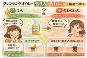 クレンジングオイルが合う人・合わない人を構造で分けて解説する日本2D漫画風イラスト。脂性肌や油分が多い人には相性が良く、乾燥肌や皮脂不足で固まった角栓には相性が悪いことを、毛穴断面図と表情の異なる女性キャラクターで比較して示している。