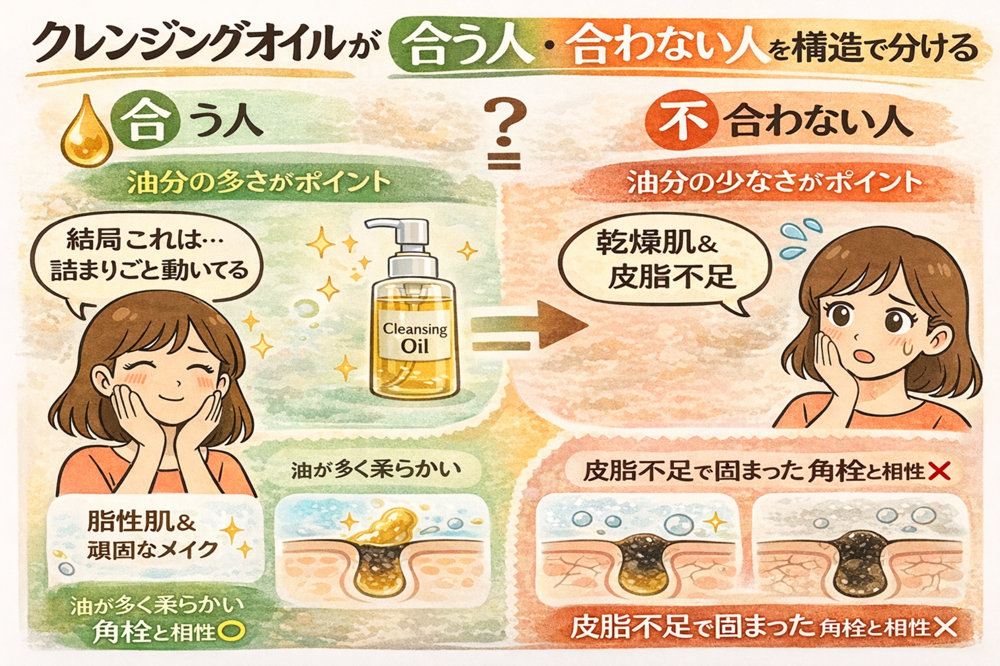 クレンジングオイルが合う人・合わない人を構造で分けて解説する日本2D漫画風イラスト。脂性肌や油分が多い人には相性が良く、乾燥肌や皮脂不足で固まった角栓には相性が悪いことを、毛穴断面図と表情の異なる女性キャラクターで比較して示している。