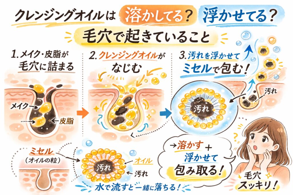 クレンジングオイルが毛穴で何をしているかを構造で解説する日本2Dフラット漫画風インフォグラフィック。上部に「クレンジングオイルは溶かしてる？浮かせてる？毛穴で起きていること」と表示。メイクや皮脂が毛穴に詰まる様子、クレンジングオイルがなじむ過程、ミセル構造で汚れを包み込み、水で流すと一緒に落ちる流れが段階的に図解されている。右下には「毛穴スッキリ！」と安心する女性のイラストが描かれた淡いベージュ背景の説明図。