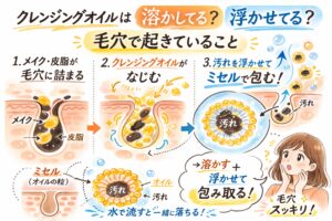 クレンジングオイルが毛穴で何をしているかを構造で解説する日本2Dフラット漫画風インフォグラフィック。上部に「クレンジングオイルは溶かしてる？浮かせてる？毛穴で起きていること」と表示。メイクや皮脂が毛穴に詰まる様子、クレンジングオイルがなじむ過程、ミセル構造で汚れを包み込み、水で流すと一緒に落ちる流れが段階的に図解されている。右下には「毛穴スッキリ！」と安心する女性のイラストが描かれた淡いベージュ背景の説明図。