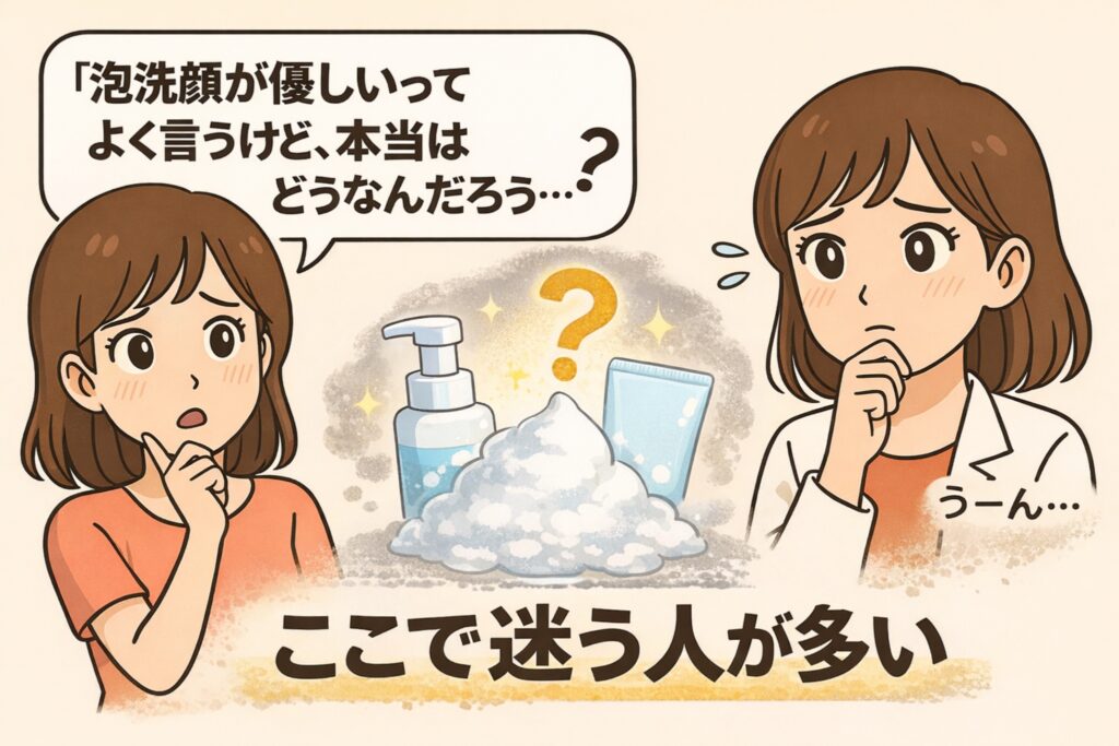 「泡洗顔が優しいってよく言うけど本当はどうなの？」と迷う女性キャラクター2人を描いた日本2D漫画風イラスト。中央に泡立った洗顔料とクレンジングボトル、疑問符が配置され、「ここで迷う人が多い」というテキストが強調されている構図。