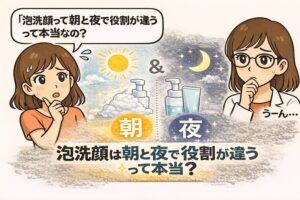 「泡洗顔って朝と夜で役割が違うの？」と疑問を持つ女性2人を描いた日本2D漫画風イラスト。中央に太陽と月のアイコン、朝と夜の洗顔イメージを配置し、「泡洗顔は朝と夜で役割が違うって本当？」というテーマを強調している構図。