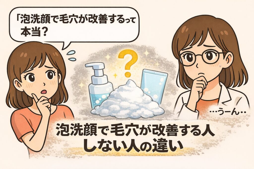 「泡洗顔で毛穴が改善するって本当？」と疑問を持つ女性2人を描いた日本2D漫画風イラスト。中央に泡立った洗顔料と疑問符があり、「泡洗顔で毛穴が改善する人・しない人の違い」という見出しが強調されている構図。