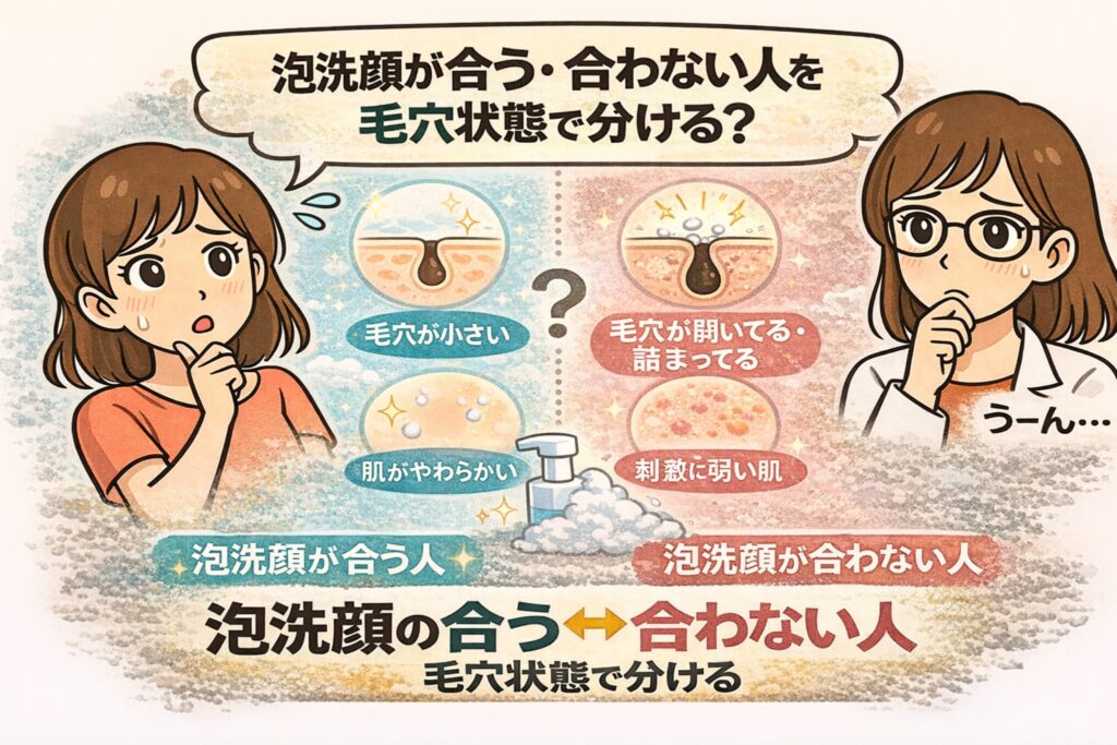 「泡洗顔が合う・合わない人を毛穴状態で分ける？」をテーマにした日本2D漫画風イラスト。毛穴が小さく肌がやわらかい人は合いやすく、毛穴が開いて詰まっている人や刺激に弱い肌は合いにくいことを、毛穴断面図と女性キャラクターで比較して示している。
