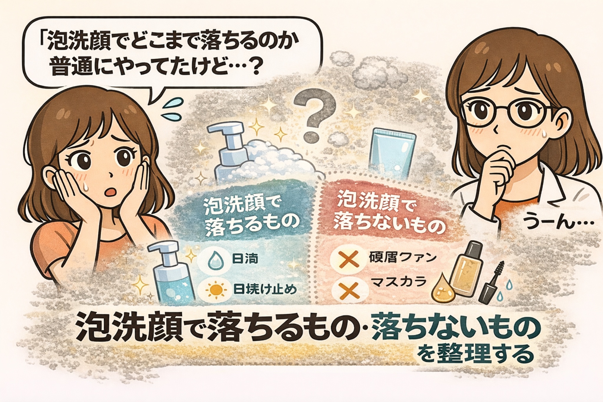 「泡洗顔でどこまで落ちるの?」と疑問を持つ女性2人を描いた日本2D漫画風イラスト。泡洗顔で落ちるもの(日焼け止めなど)と落ちないもの(硬めファンデーション、マスカラなど)を左右で比較し、「泡洗顔で落ちるもの・落ちないものを整理する」という見出しが強調されている構図。