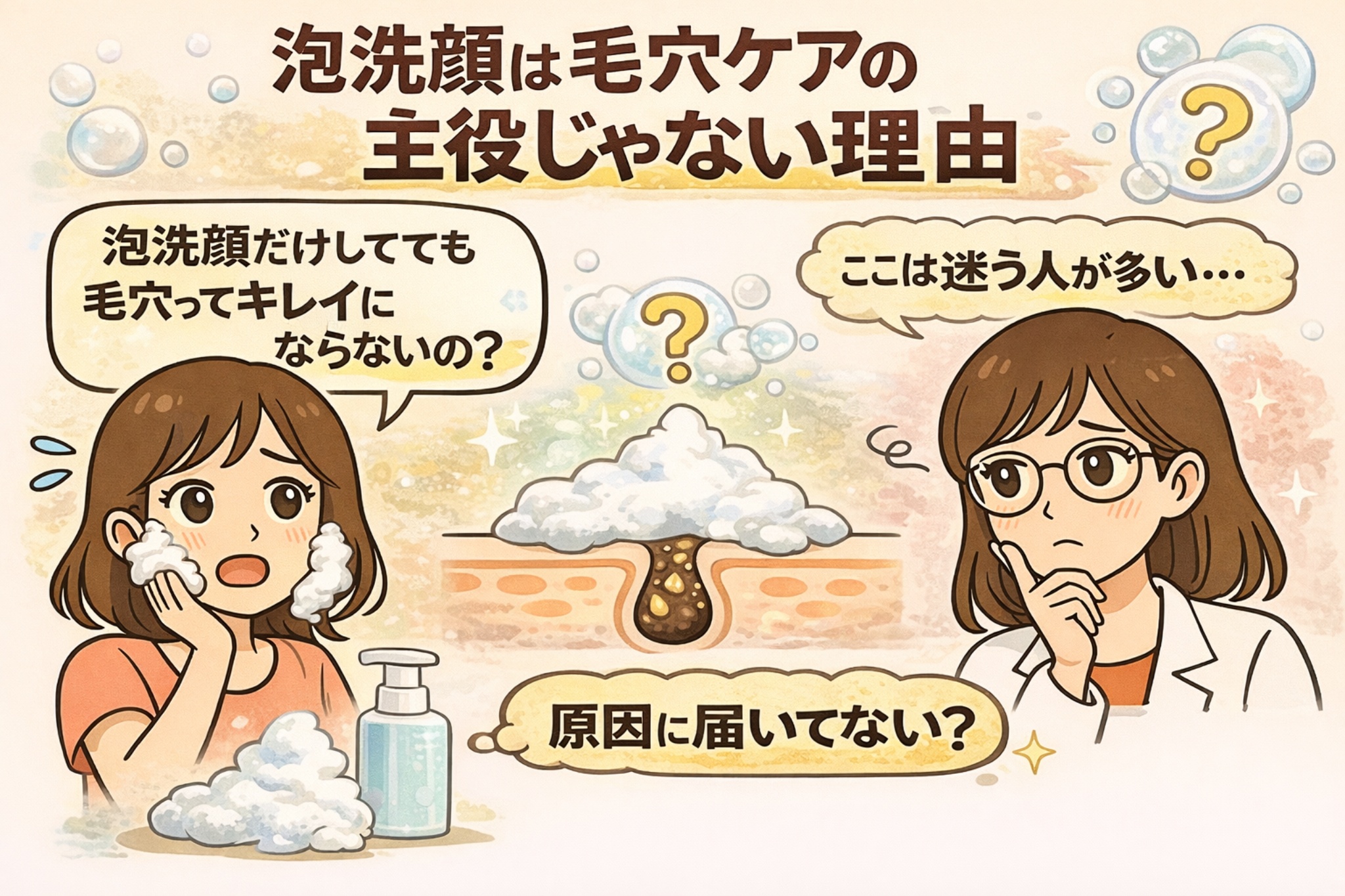 「泡洗顔は毛穴ケアの主役じゃない理由」をテーマに、泡で洗っても毛穴の原因に届いていない可能性を示す日本2D漫画風イラスト。泡洗顔中の女性と毛穴断面図、考え込む女性キャラクターが描かれ、「原因に届いてない？」というメッセージが強調されている。