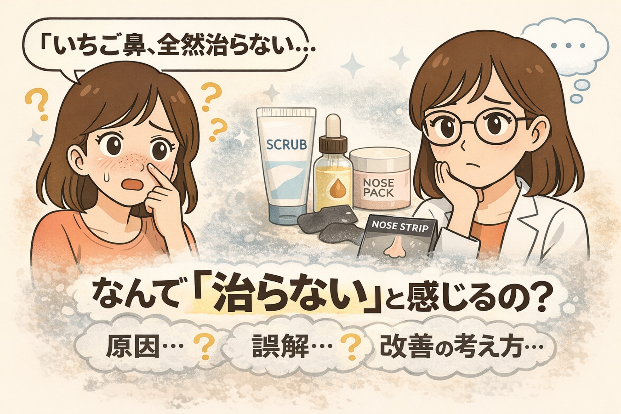 いちご鼻に悩む女性と白衣を着た眼鏡の女性が向き合う日本2Dフラット漫画風アイキャッチ。左側の女性は鼻の黒ずみを気にしており「いちご鼻、全然治らない…」と困った表情。中央にはスクラブ・美容液・鼻パック・鼻ストリップなどのケア用品が配置されている。右側の専門家女性は考え込む表情で、「なんで『治らない』と感じるの?」という大きな文字とともに、原因・誤解・改善の考え方を示唆する構図。淡いベージュ背景のやわらかいタッチのイラスト。