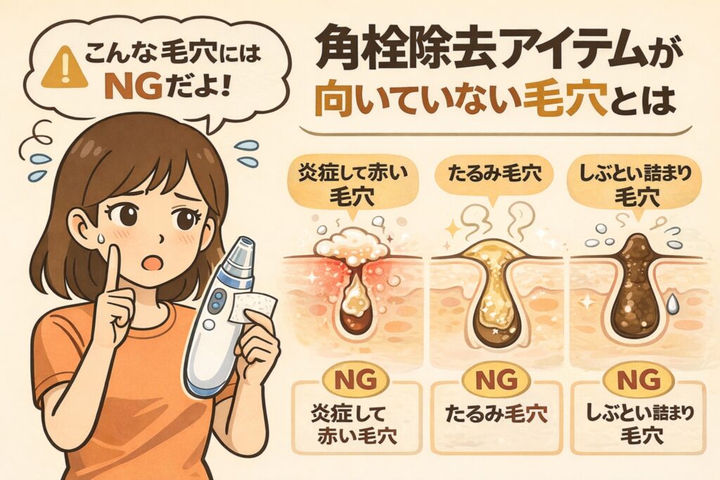 角栓除去アイテムが向いていない毛穴のタイプを解説する図解イラスト。炎症して赤い毛穴、たるみ毛穴、しぶとく詰まった毛穴がNG例として示され、角栓除去器を手に注意を促す女性が描かれている。