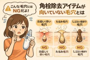 角栓除去アイテムが向いていない毛穴のタイプを解説する図解イラスト。炎症して赤い毛穴、たるみ毛穴、しぶとく詰まった毛穴がNG例として示され、角栓除去器を手に注意を促す女性が描かれている。