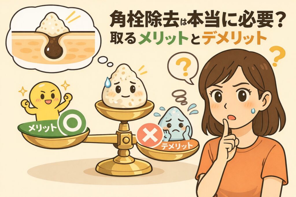 角栓除去は本当に必要かを解説するイラスト。毛穴断面の角栓イメージと、天秤で示された角栓除去のメリットとデメリットを前に、悩む女性が描かれている図解。