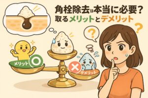 角栓除去は本当に必要かを解説するイラスト。毛穴断面の角栓イメージと、天秤で示された角栓除去のメリットとデメリットを前に、悩む女性が描かれている図解。