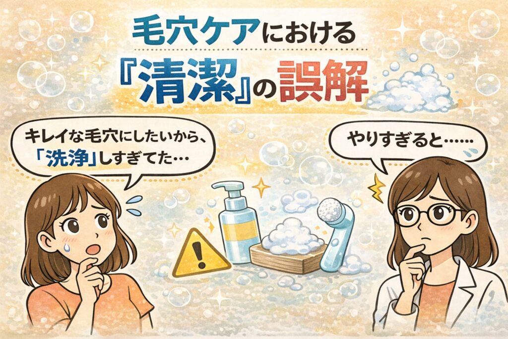 毛穴ケアにおける「清潔」の誤解をテーマにした日本2Dフラット漫画風アイキャッチ。上部に「毛穴ケアにおける『清潔』の誤解」と書かれている。左側で「キレイな毛穴にしたいから、『洗浄』しすぎてた…」と困惑する女性。中央には洗顔ボトルや泡、洗顔ブラシ、注意マークのイラスト。右側には白衣と眼鏡の女性が「やりすぎると……」と考え込む様子が描かれている淡いベージュ背景の図解イラスト。