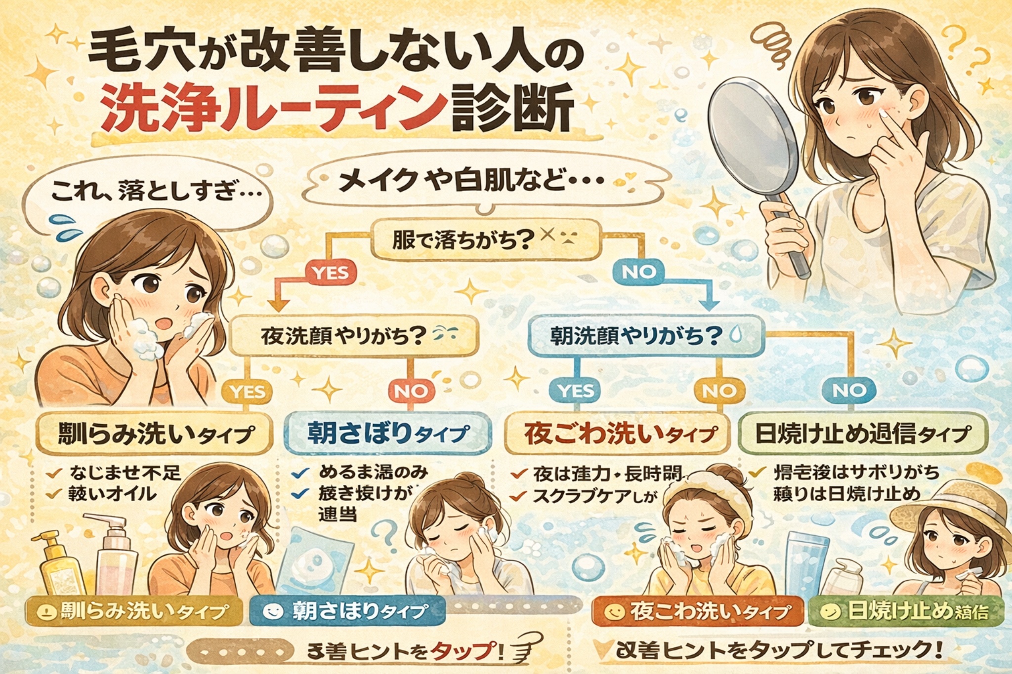 毛穴が改善しない人向けの洗浄ルーティン診断を解説する日本2Dフラット漫画風インフォグラフィック。上部に「毛穴が改善しない人の洗浄ルーティン診断」とあり、フローチャート形式でYES・NOの分岐が描かれている。夜洗顔や朝洗顔のやりすぎ、剥がし洗いタイプ、朝さぼりタイプ、夜こわ洗いタイプ、日焼け止め過信タイプなどの分類が図解され、各タイプの特徴がチェック付きで表示されている淡いベージュ調のイラスト。