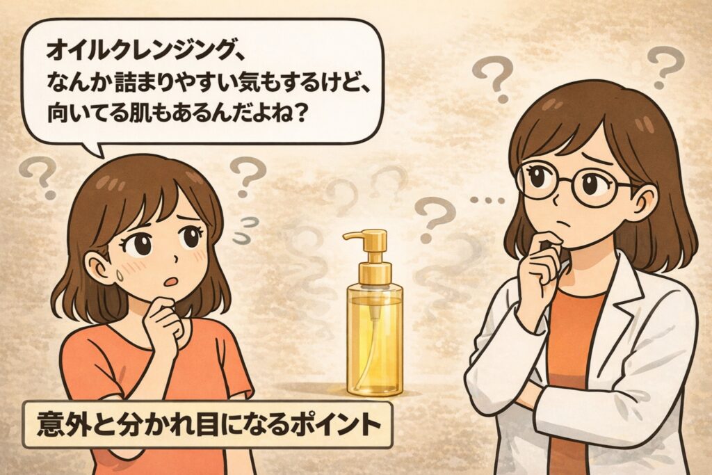 オイルクレンジングは毛穴が詰まりやすい気がするが、実は肌質によっては向いている場合もあるのではと悩む女性と、白衣を着た専門家の女性が考え込んでいるイラスト。中央にはオイルクレンジングのボトルが置かれ、「意外と分かれ目になるポイント」というメッセージが描かれている。