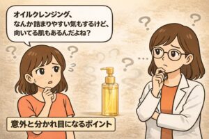 オイルクレンジングは毛穴が詰まりやすい気がするが、実は肌質によっては向いている場合もあるのではと悩む女性と、白衣を着た専門家の女性が考え込んでいるイラスト。中央にはオイルクレンジングのボトルが置かれ、「意外と分かれ目になるポイント」というメッセージが描かれている。
