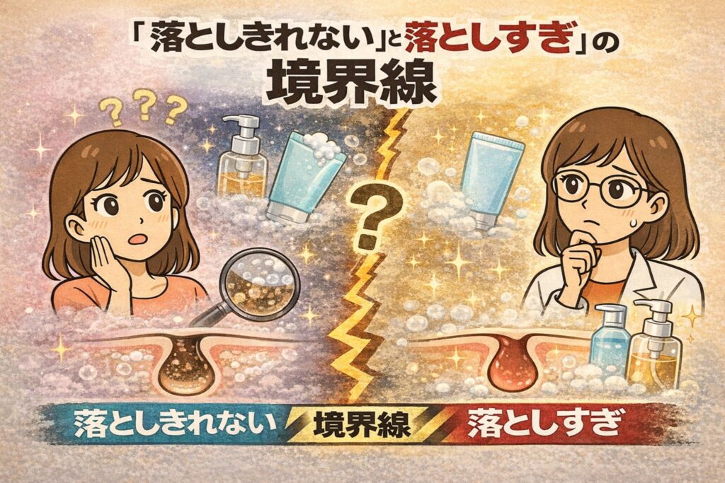 「落としきれない」と「落としすぎ」の境界線をテーマにした日本2Dフラット漫画風アイキャッチ。左側はクレンジングや洗顔で汚れが残った毛穴の断面図と、困惑する女性の表情。右側は洗いすぎによって赤みが出た毛穴の断面図と、白衣と眼鏡の女性が考え込む様子。中央に稲妻状のラインとクエスチョンマークがあり、下部に「落としきれない／境界線／落としすぎ」と対比された大きな文字が配置された淡いベージュ調のイラスト。